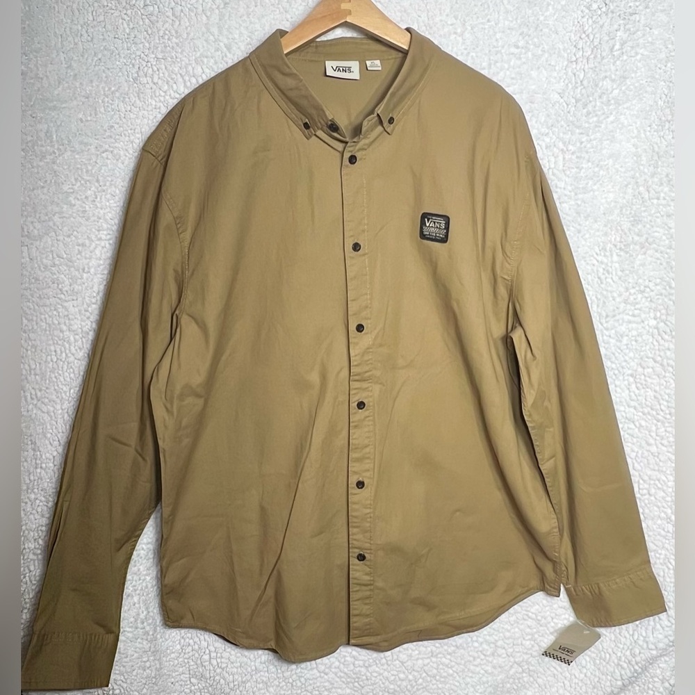 Vans Stackton Button Down Men XL Tan/Brown Long Sleeve Original Off TheWall READ